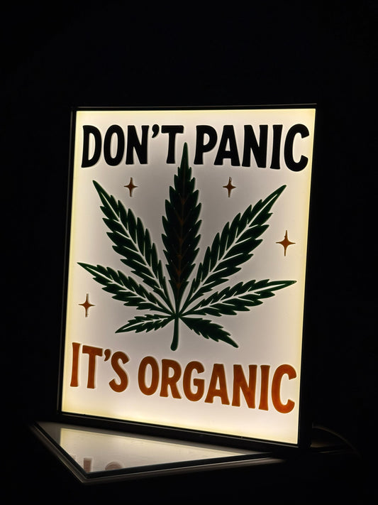 LED Lichtbox – “DON’T Panic, IT’S Organic” | 3D Cannabis Wanddeko | Weed Geschenk | Stoner Dekoration | 3D Druck Schild | Chill Room Decor