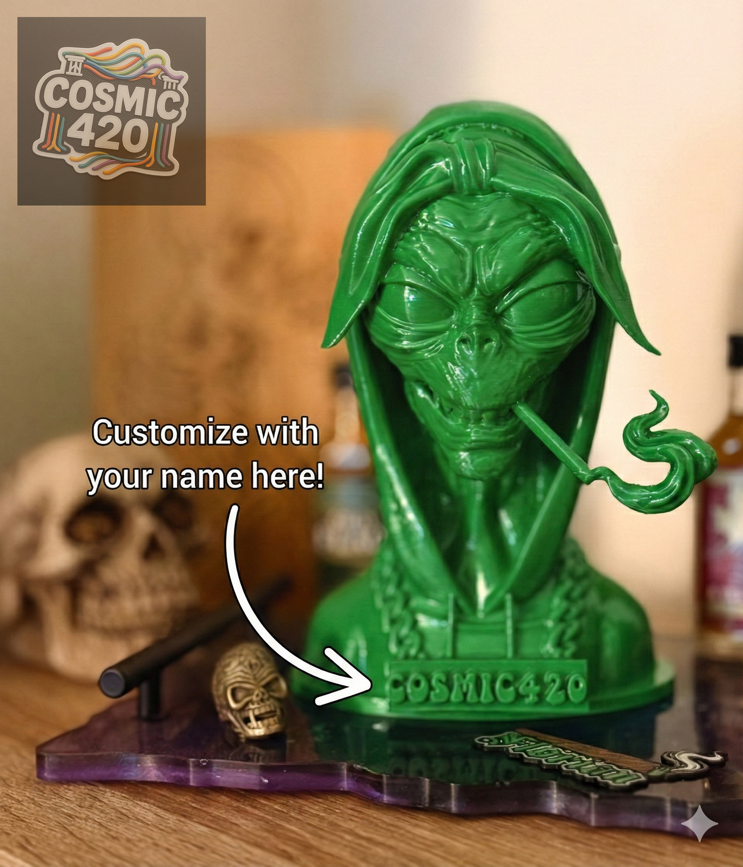 Personalisierter Alien Weed Stash Box - Wunschname auf der Kette - 3D Meisterwerk - Handgefertigt - Urban Sci-Fi Deko - Stoner Geschenk